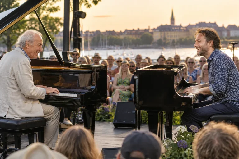 Två pianister spelar på var sin flygel på en sommarscen