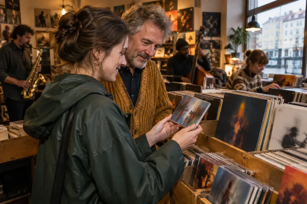Två skivsamlare letar bland begagnade jazzskivor i en skivbutik