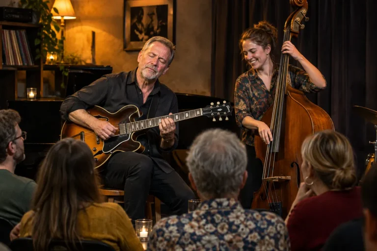 En jazzgitarrist spelar elgitarr på en klubbscen med en basist bredvid