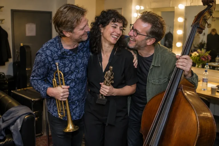 En saxofonist firar ett jazzpris tillsammans med sina bandkamrater backstage
