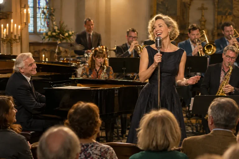 En jazzsångerska sjunger framför ett storband i ett konsertrum