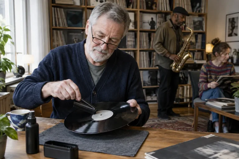 En skivsamlare borstar rent en vinylskiva vid ett bord hemma