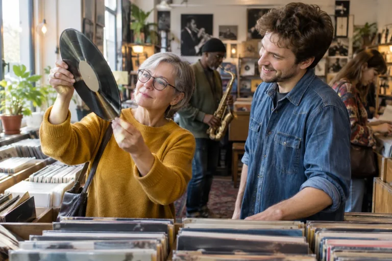 En samlare granskar etiketten på en gammal jazzskiva i en skivaffär